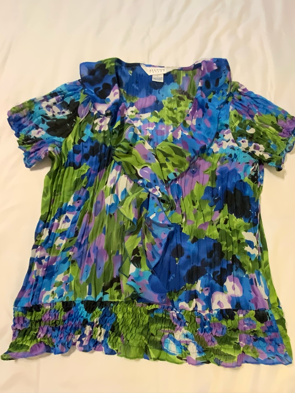 Allison Taylor blue and green floral pleated ruffle top